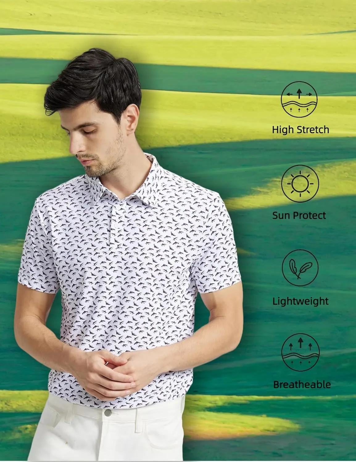 Mens High Stretch Golf Polo Shirts Dry Fit Short Sleeve Printed Striped Shirts