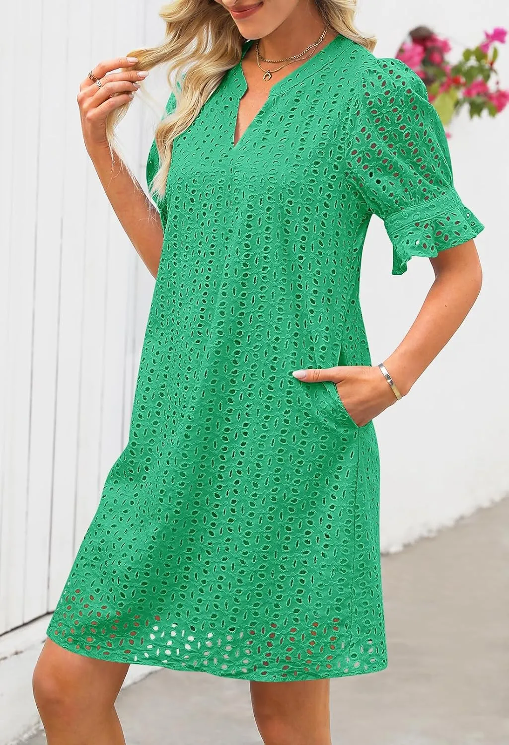 MEROKEETY Women's 2025 Summer Short Sleeve Mini Dress V Neck Ruffle Hollow Out Eyelet Lace Dresses