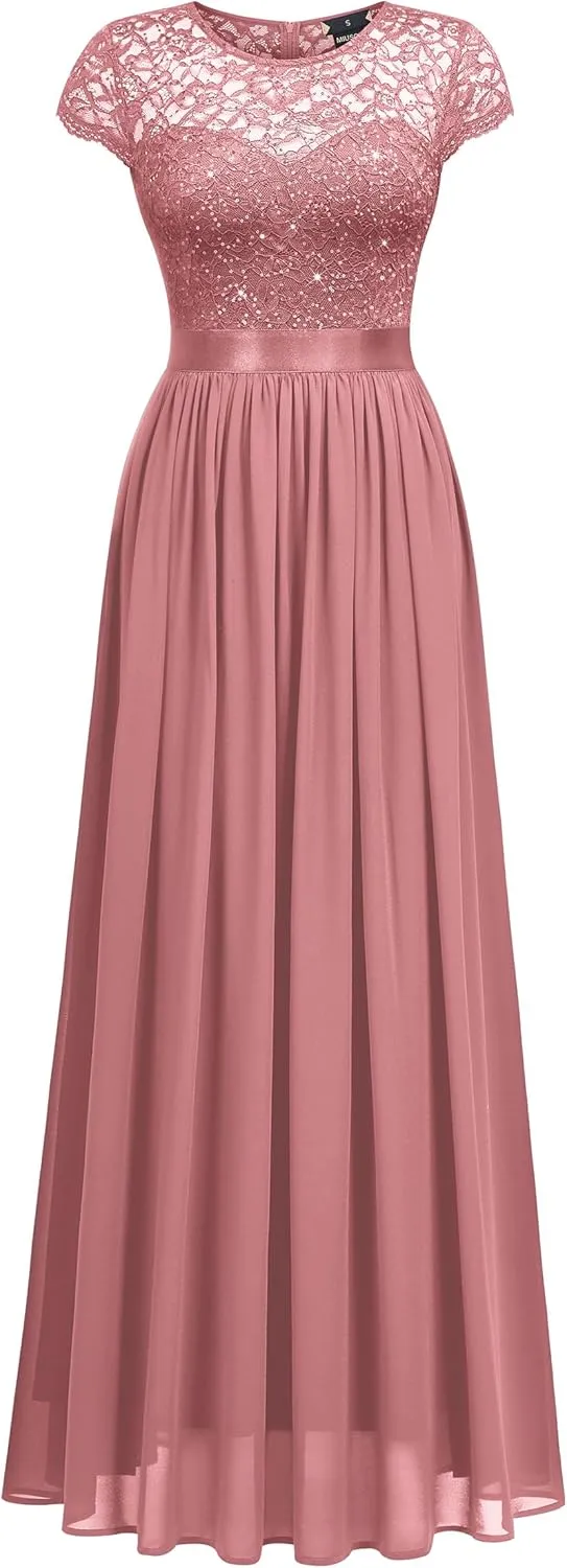 Miusol Women's Classy Scoop Neck Sequin Lace Contrast Bridesmaid Party Maxi Dress