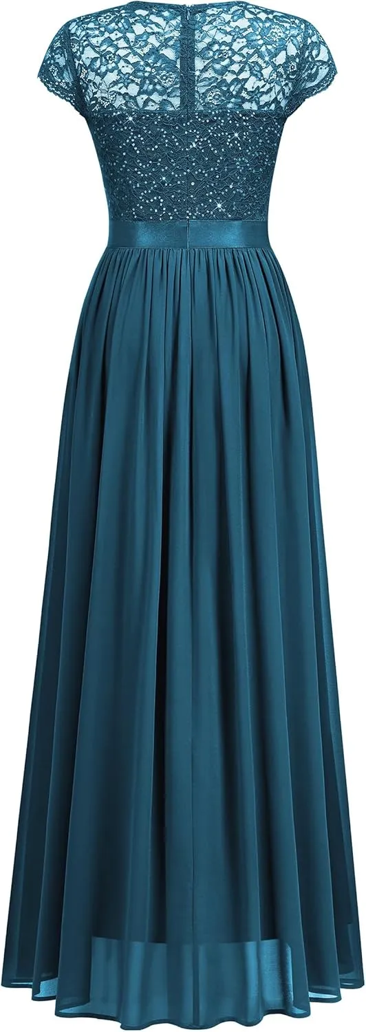 Miusol Women's Classy Scoop Neck Sequin Lace Contrast Bridesmaid Party Maxi Dress