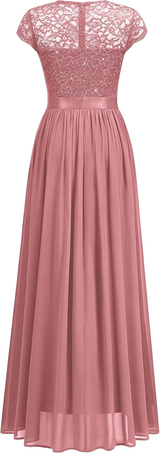 Miusol Women's Classy Scoop Neck Sequin Lace Contrast Bridesmaid Party Maxi Dress