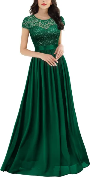 Miusol Women's Classy Scoop Neck Sequin Lace Contrast Bridesmaid Party Maxi Dress