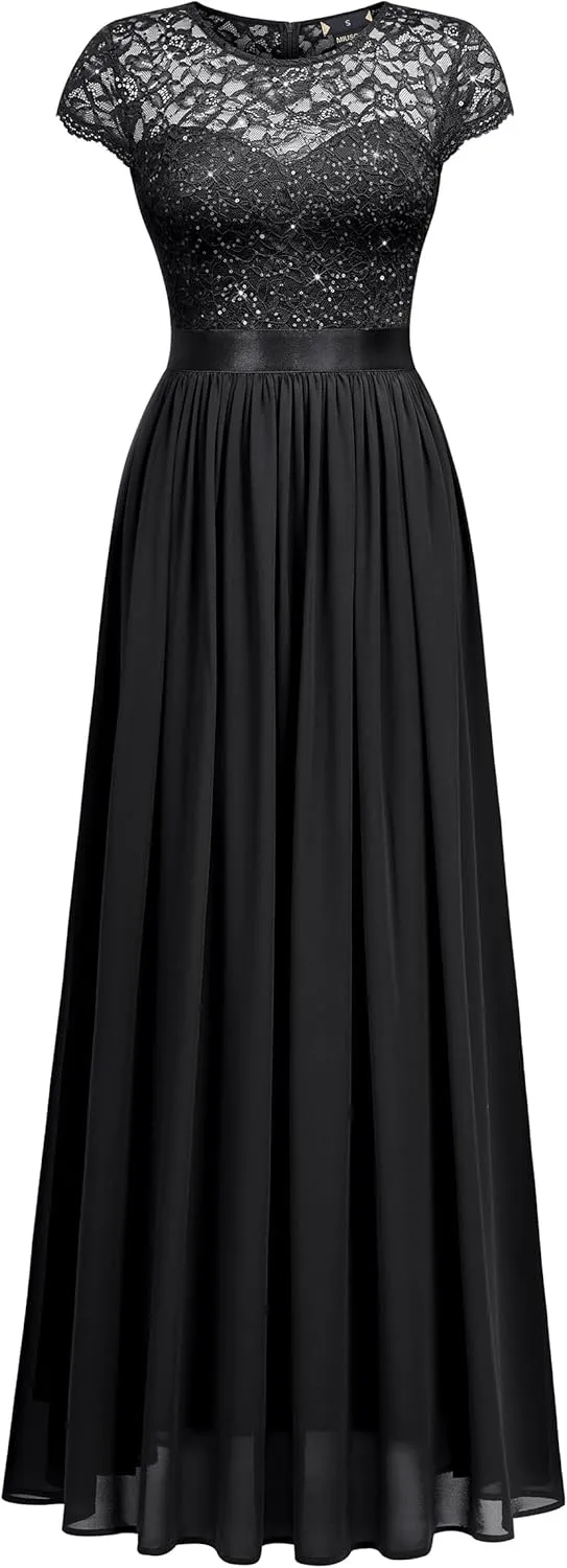 Miusol Women's Classy Scoop Neck Sequin Lace Contrast Bridesmaid Party Maxi Dress