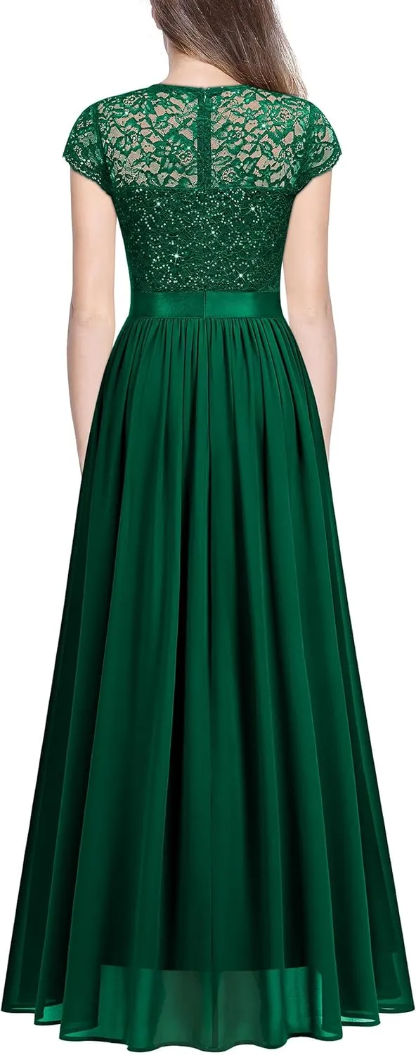 Miusol Women's Classy Scoop Neck Sequin Lace Contrast Bridesmaid Party Maxi Dress