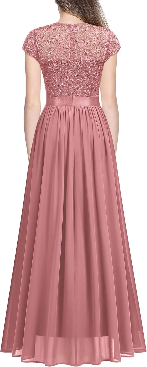 Miusol Women's Classy Scoop Neck Sequin Lace Contrast Bridesmaid Party Maxi Dress