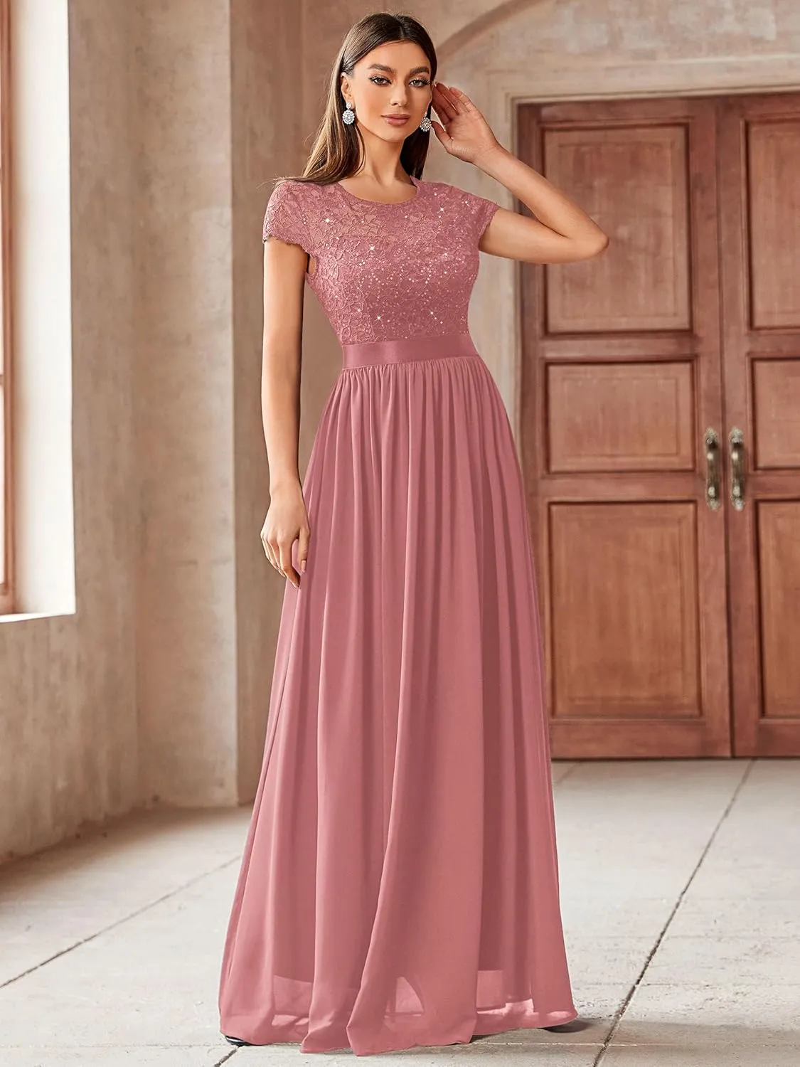 Miusol Women's Classy Scoop Neck Sequin Lace Contrast Bridesmaid Party Maxi Dress