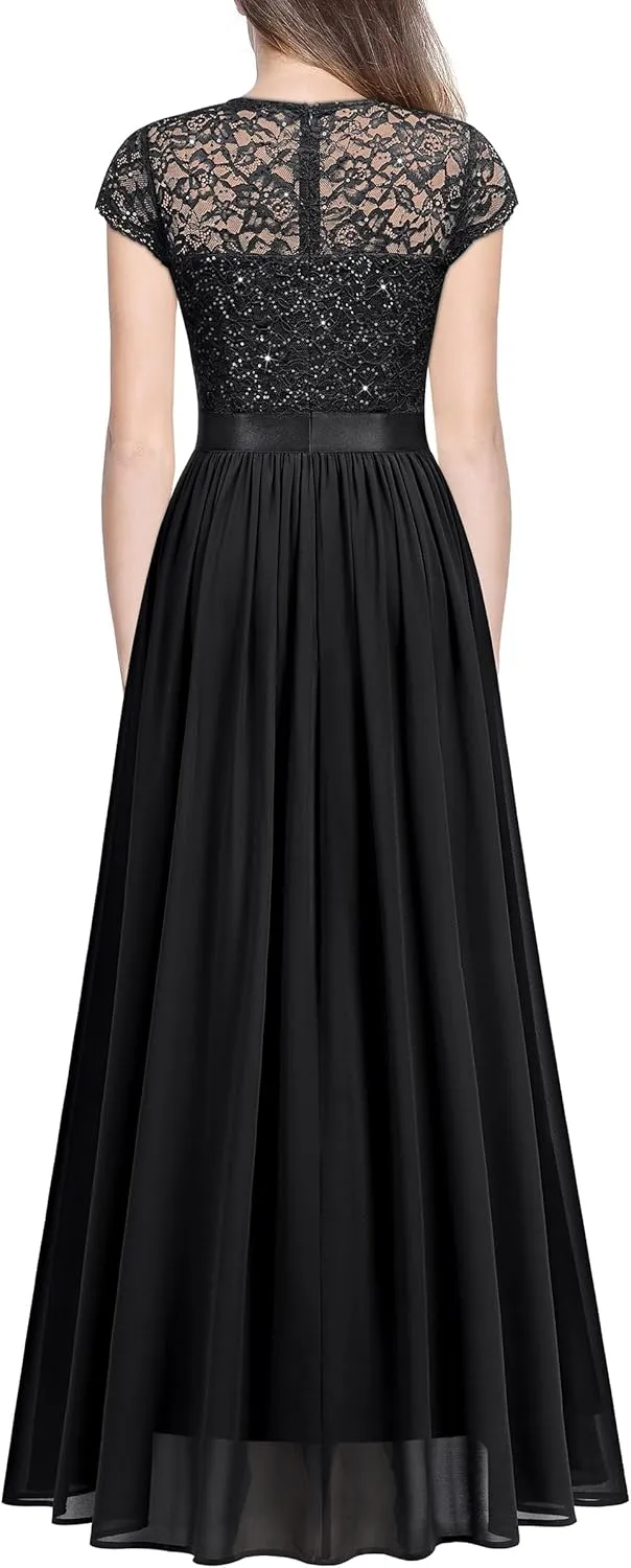 Miusol Women's Classy Scoop Neck Sequin Lace Contrast Bridesmaid Party Maxi Dress