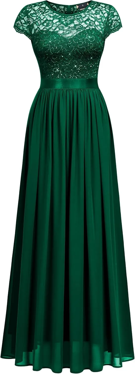 Miusol Women's Classy Scoop Neck Sequin Lace Contrast Bridesmaid Party Maxi Dress
