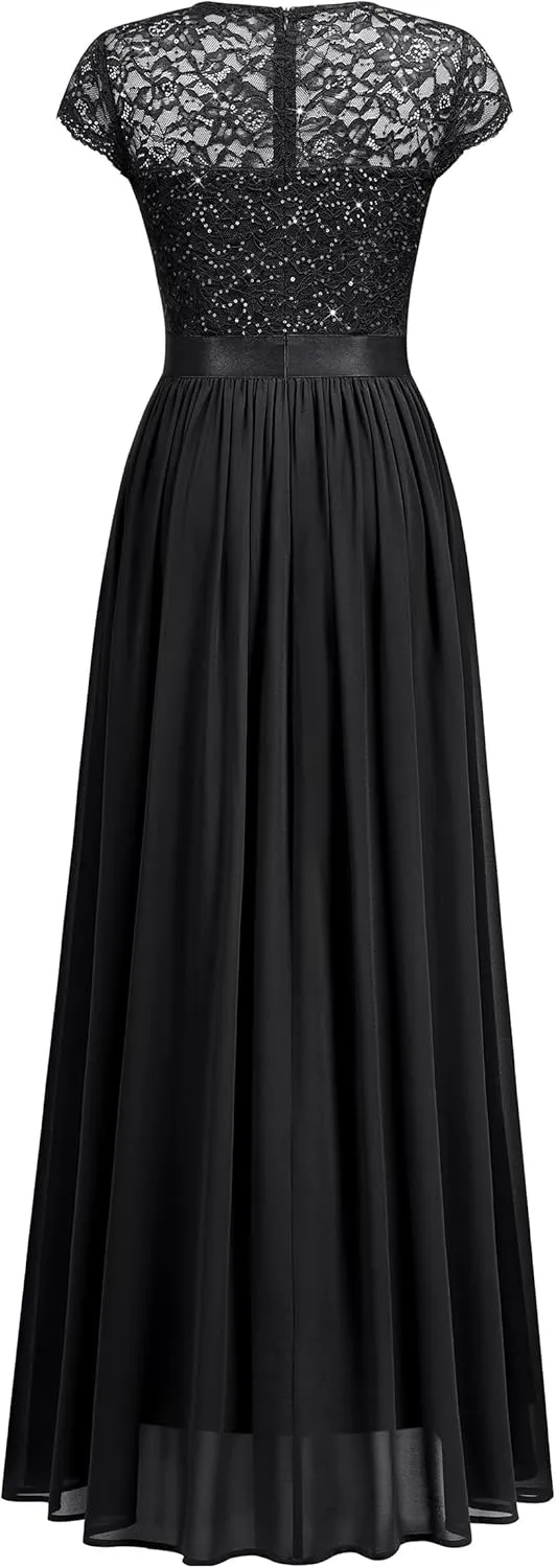 Miusol Women's Classy Scoop Neck Sequin Lace Contrast Bridesmaid Party Maxi Dress