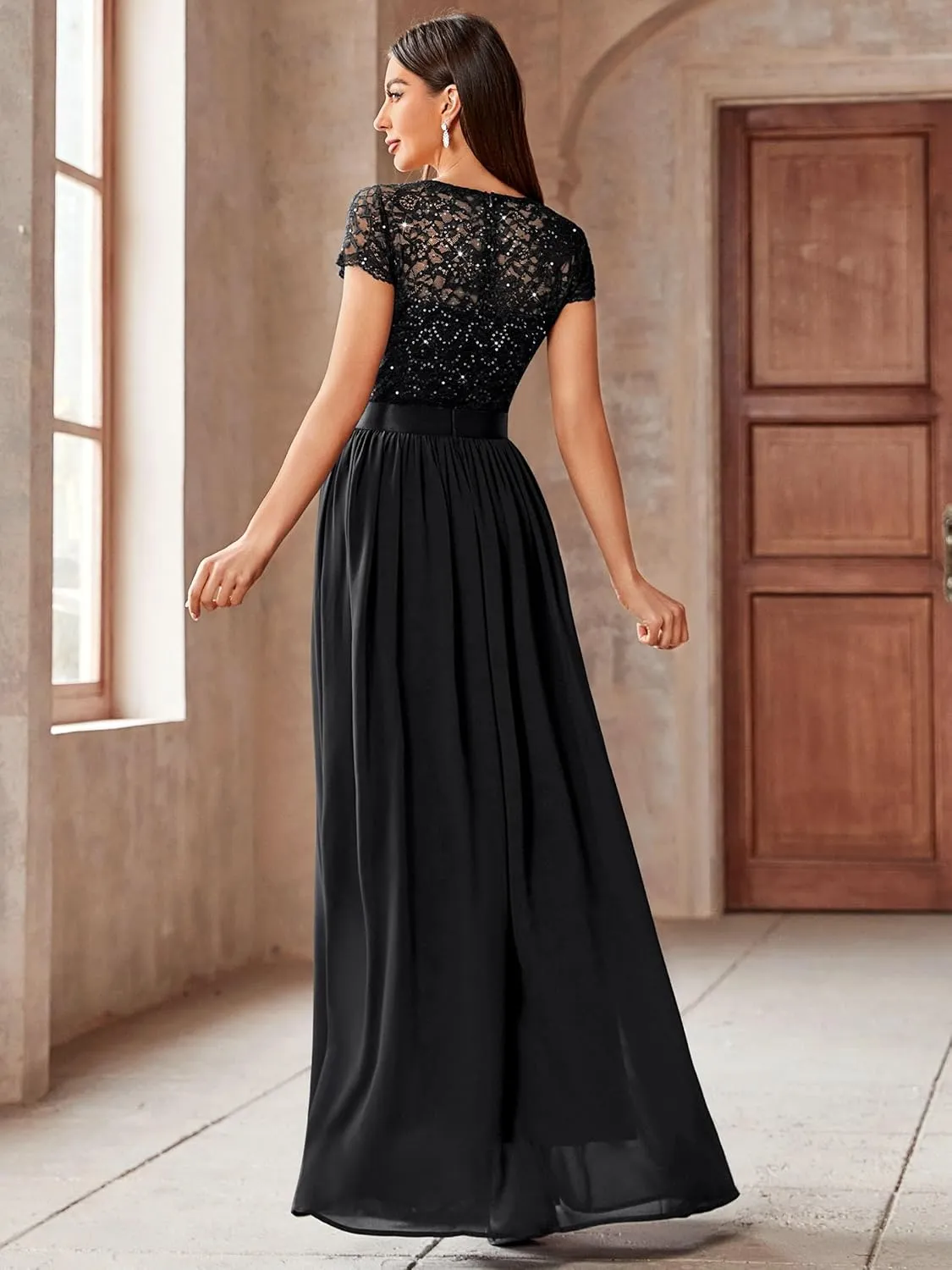 Miusol Women's Classy Scoop Neck Sequin Lace Contrast Bridesmaid Party Maxi Dress