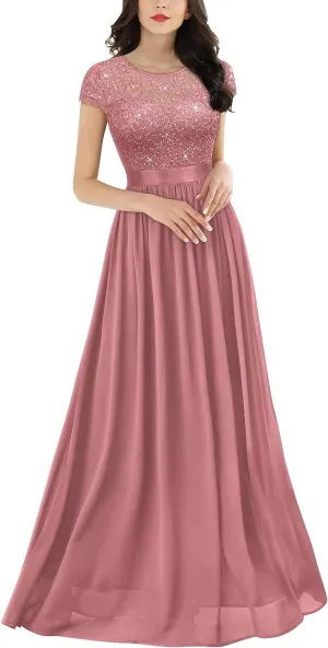 Miusol Women's Classy Scoop Neck Sequin Lace Contrast Bridesmaid Party Maxi Dress
