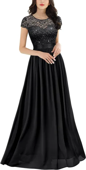 Miusol Women's Classy Scoop Neck Sequin Lace Contrast Bridesmaid Party Maxi Dress