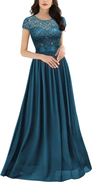 Miusol Women's Classy Scoop Neck Sequin Lace Contrast Bridesmaid Party Maxi Dress