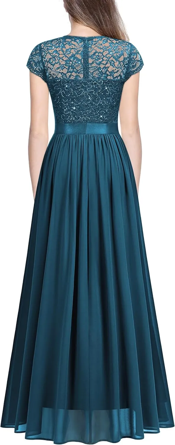 Miusol Women's Classy Scoop Neck Sequin Lace Contrast Bridesmaid Party Maxi Dress