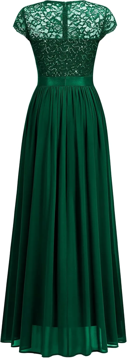 Miusol Women's Classy Scoop Neck Sequin Lace Contrast Bridesmaid Party Maxi Dress