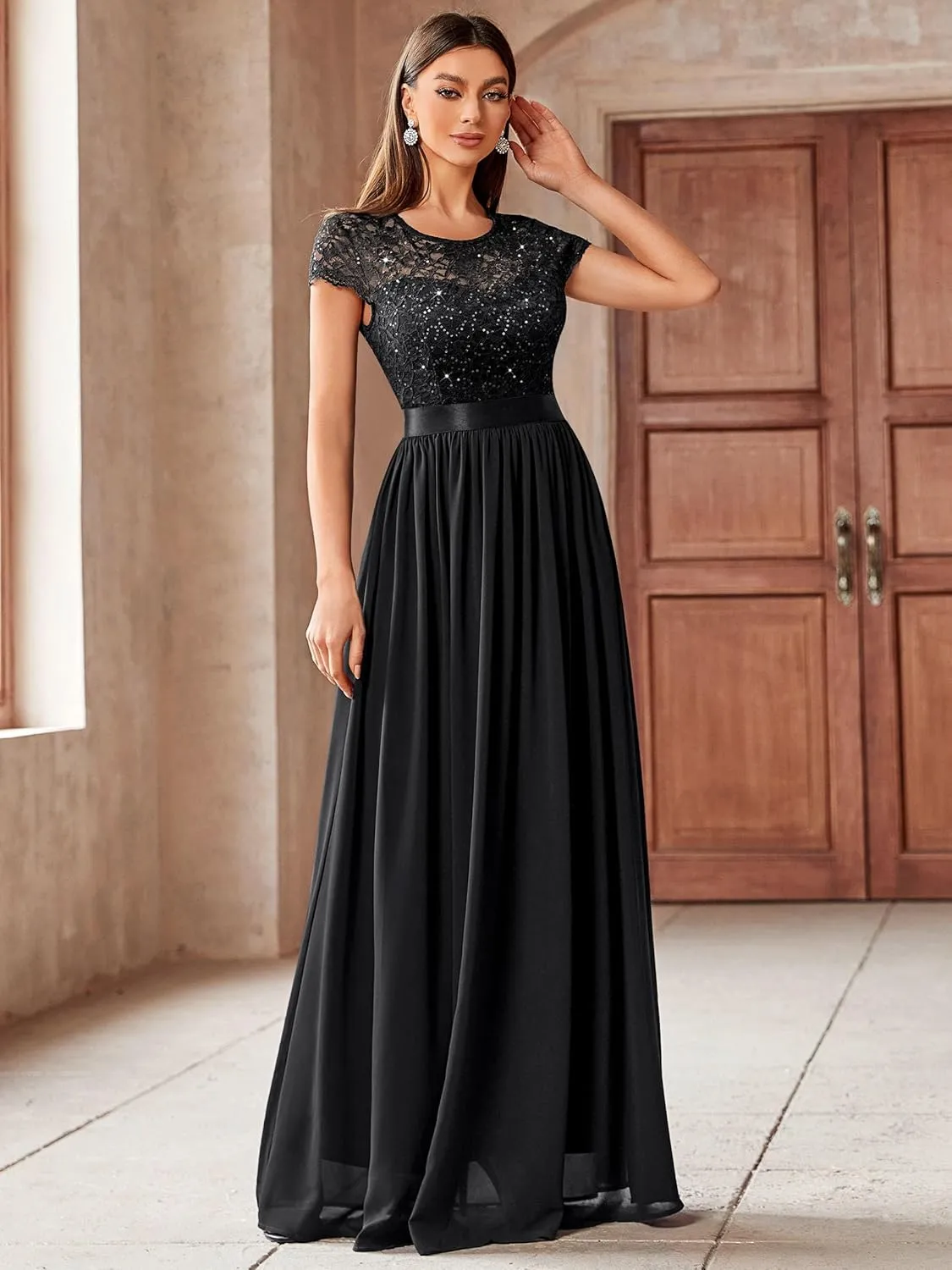 Miusol Women's Classy Scoop Neck Sequin Lace Contrast Bridesmaid Party Maxi Dress