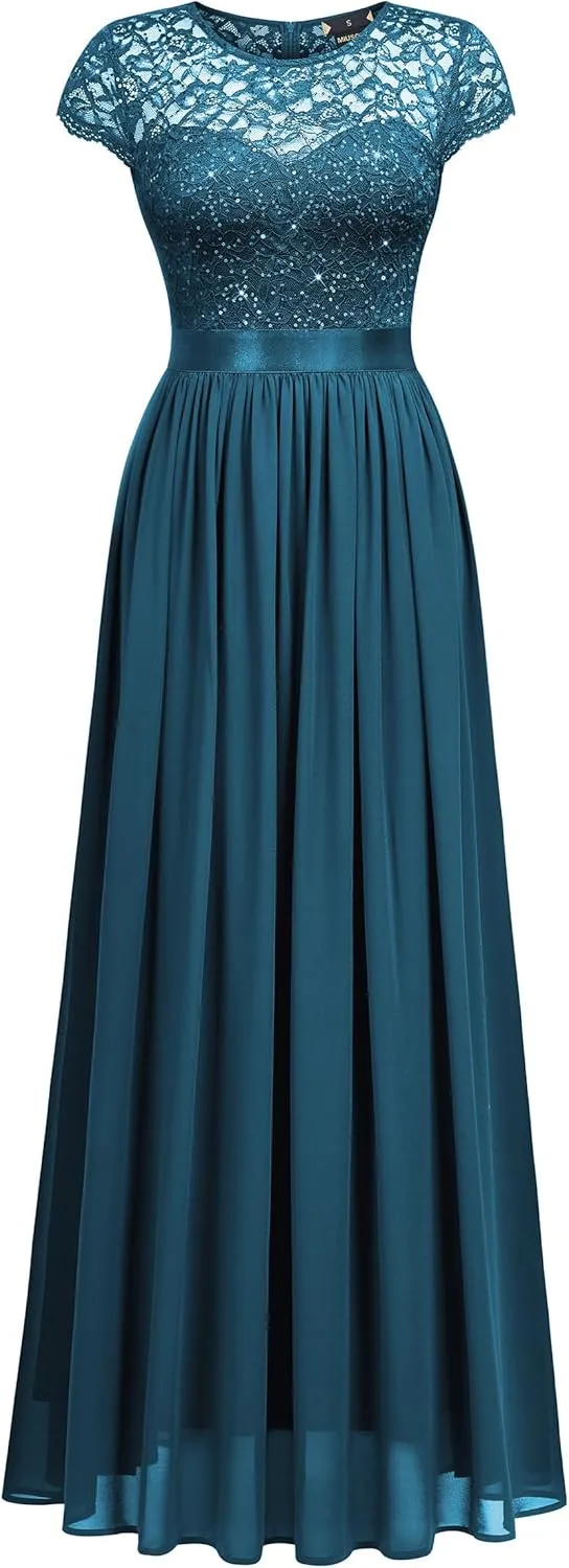 Miusol Women's Classy Scoop Neck Sequin Lace Contrast Bridesmaid Party Maxi Dress