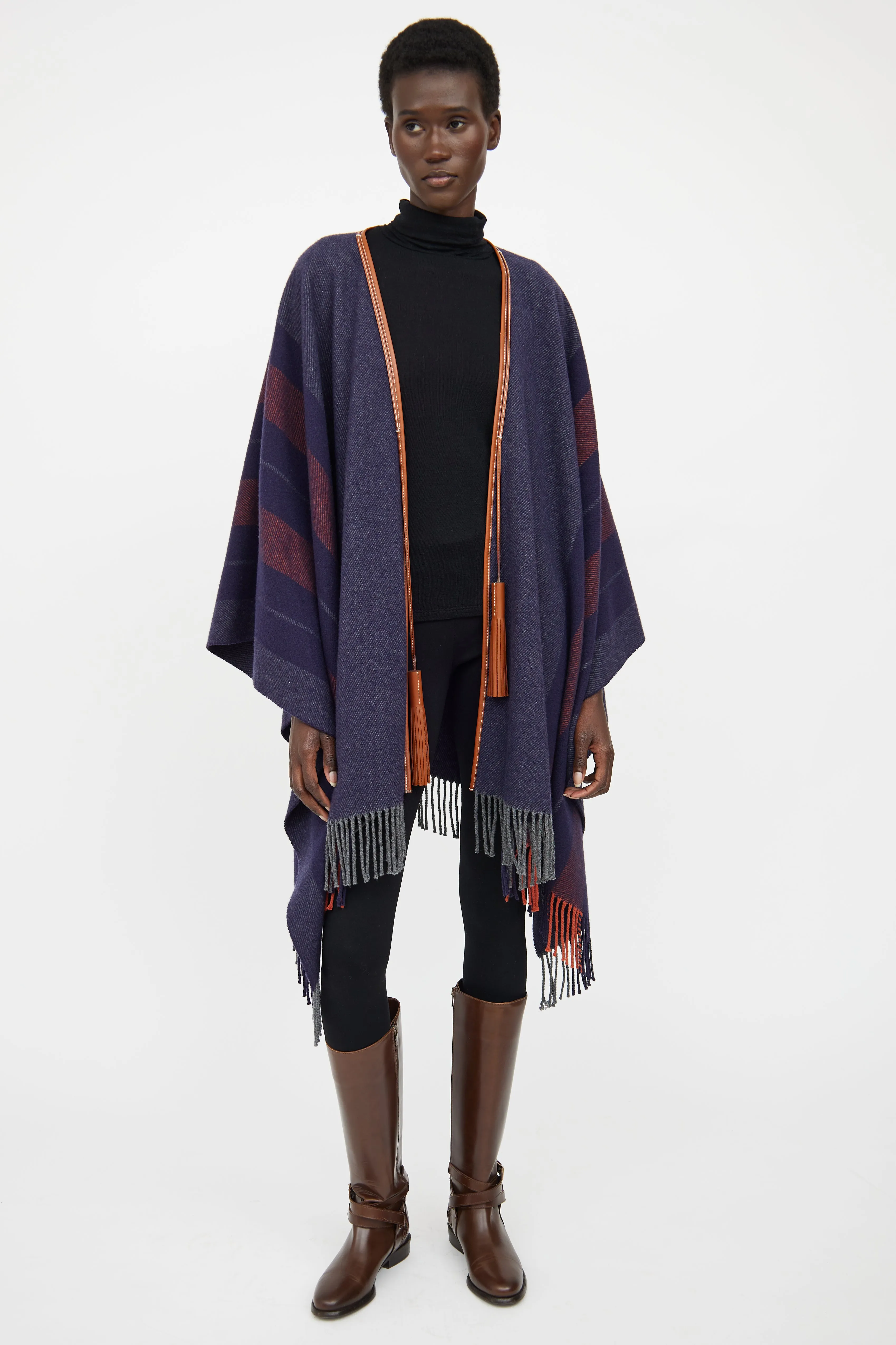 Navy & Brown Striped Wool Poncho
