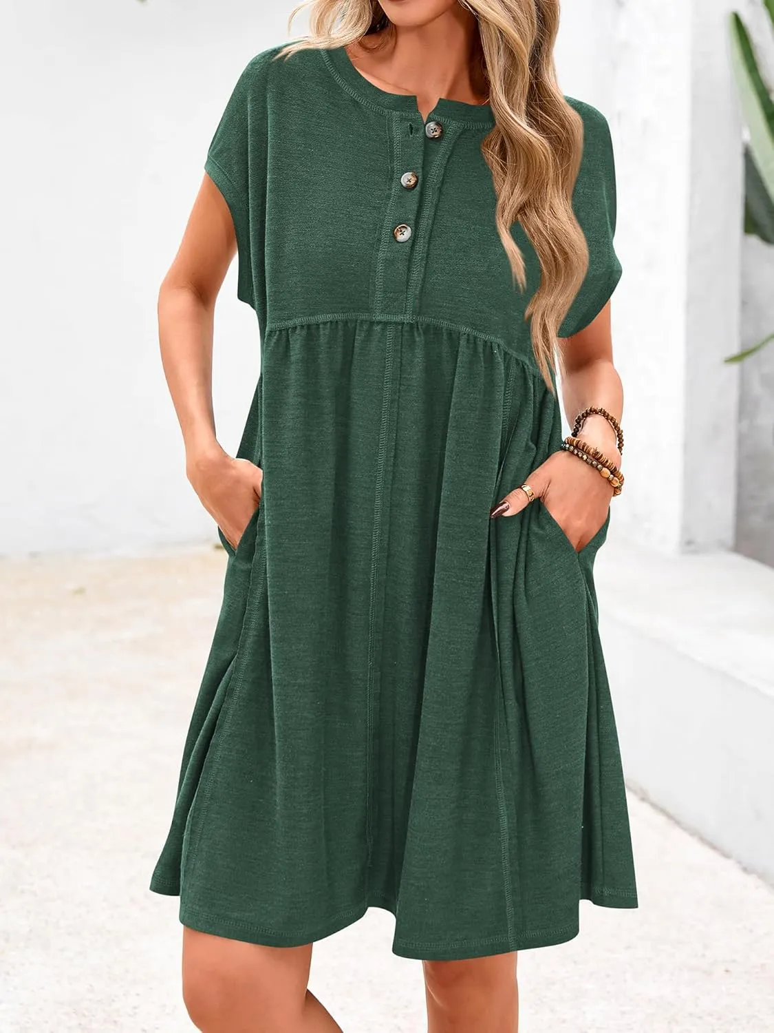 NOLLSOM Women's Summer Dresses 2025 Cap Sleeves Button Down Solid Oversized Short Dress Tshirt Mini Dress with Pockets