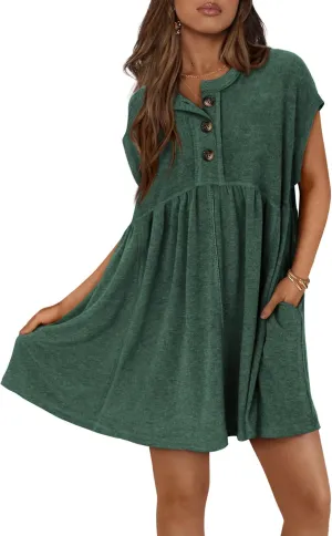 NOLLSOM Women's Summer Dresses 2025 Cap Sleeves Button Down Solid Oversized Short Dress Tshirt Mini Dress with Pockets