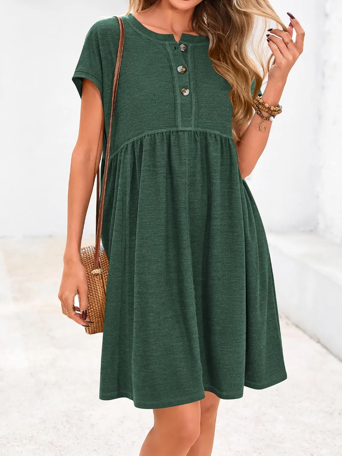 NOLLSOM Women's Summer Dresses 2025 Cap Sleeves Button Down Solid Oversized Short Dress Tshirt Mini Dress with Pockets