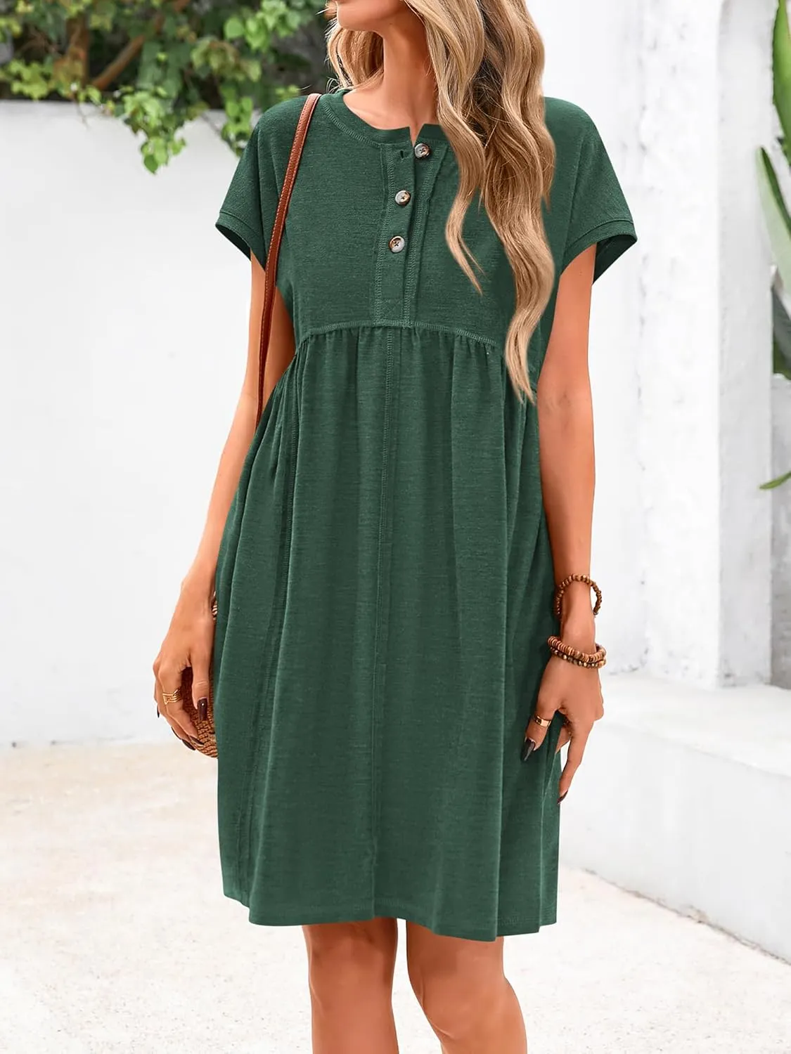 NOLLSOM Women's Summer Dresses 2025 Cap Sleeves Button Down Solid Oversized Short Dress Tshirt Mini Dress with Pockets