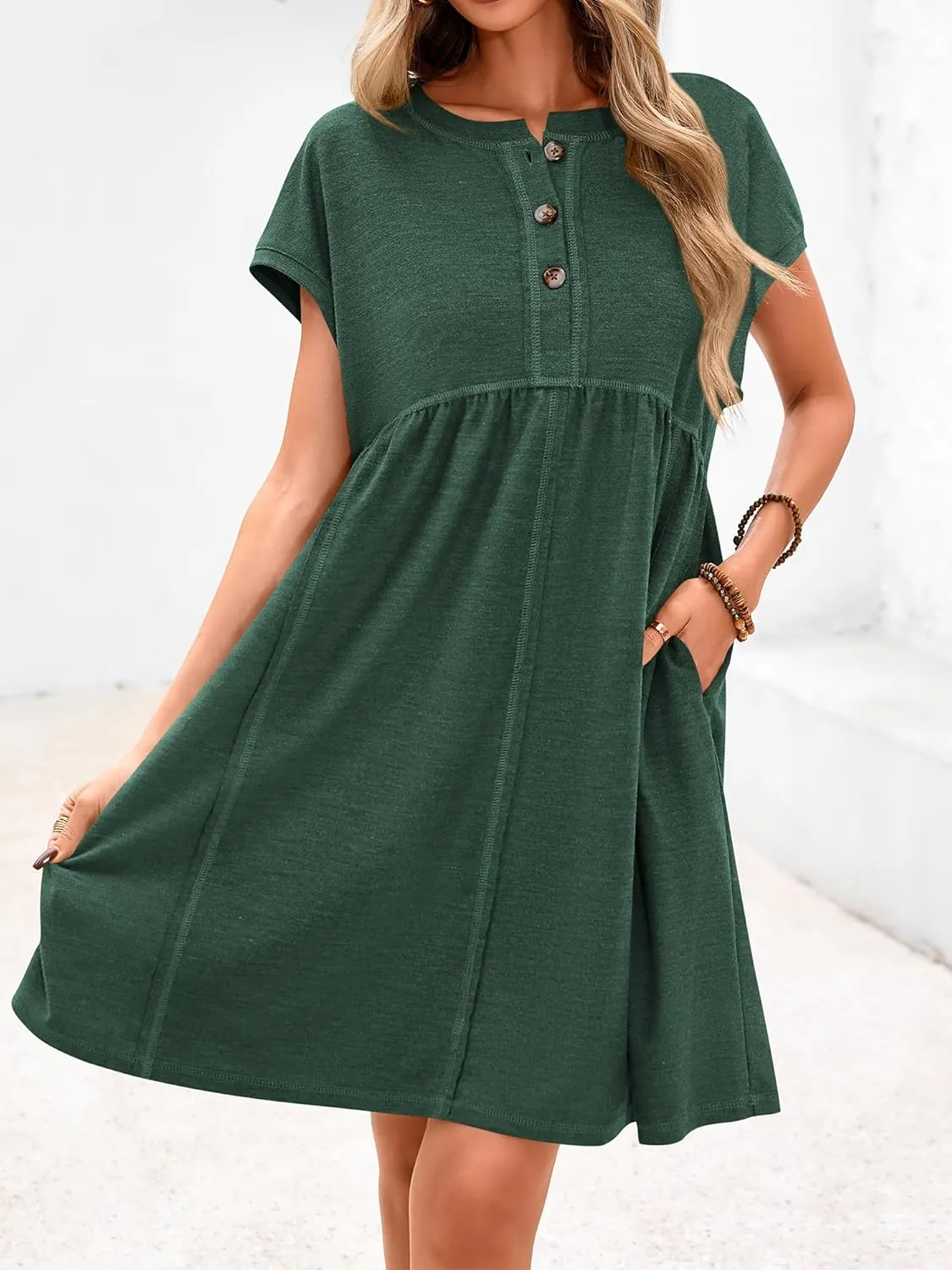NOLLSOM Women's Summer Dresses 2025 Cap Sleeves Button Down Solid Oversized Short Dress Tshirt Mini Dress with Pockets