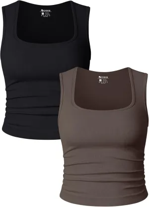 OQQ Womens 2 Piece Crop Tops Rueched Sleeveless Square Neck Stretch Basic Tank Shirts