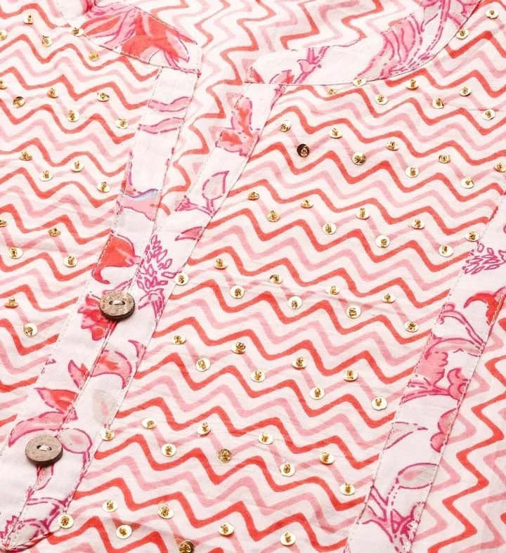 Pink Cotton Chevron Printed Kurta