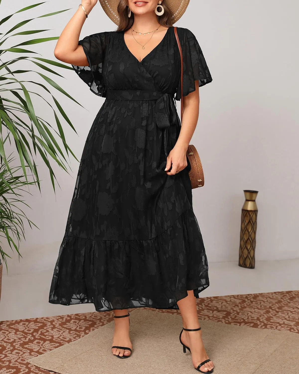 Pinup Fashion Plus Size Dresses for Wedding Guest - 2025 Cocktail Semi Formal Summer Wrap V Neck Maxi Dress