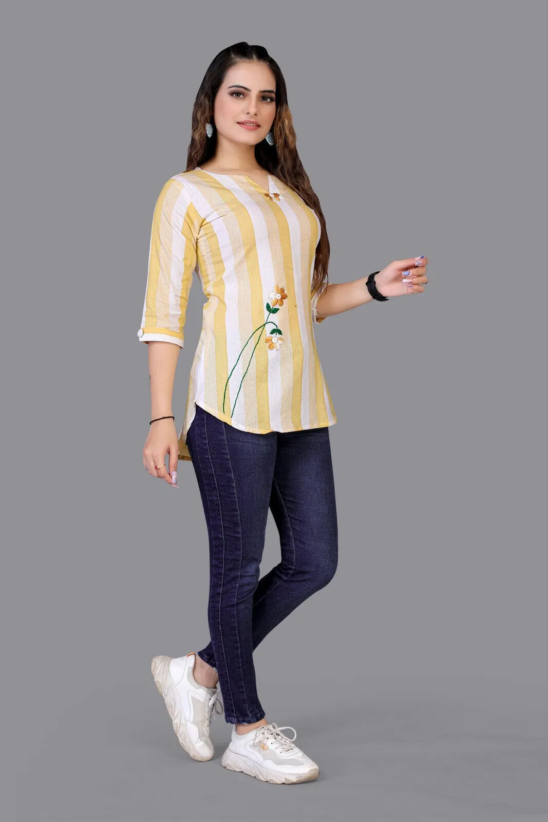 Pure cotton very Beautiful Yellow Color V-Neck Three-Quarter Sleeves Tunics for collage girl and Women