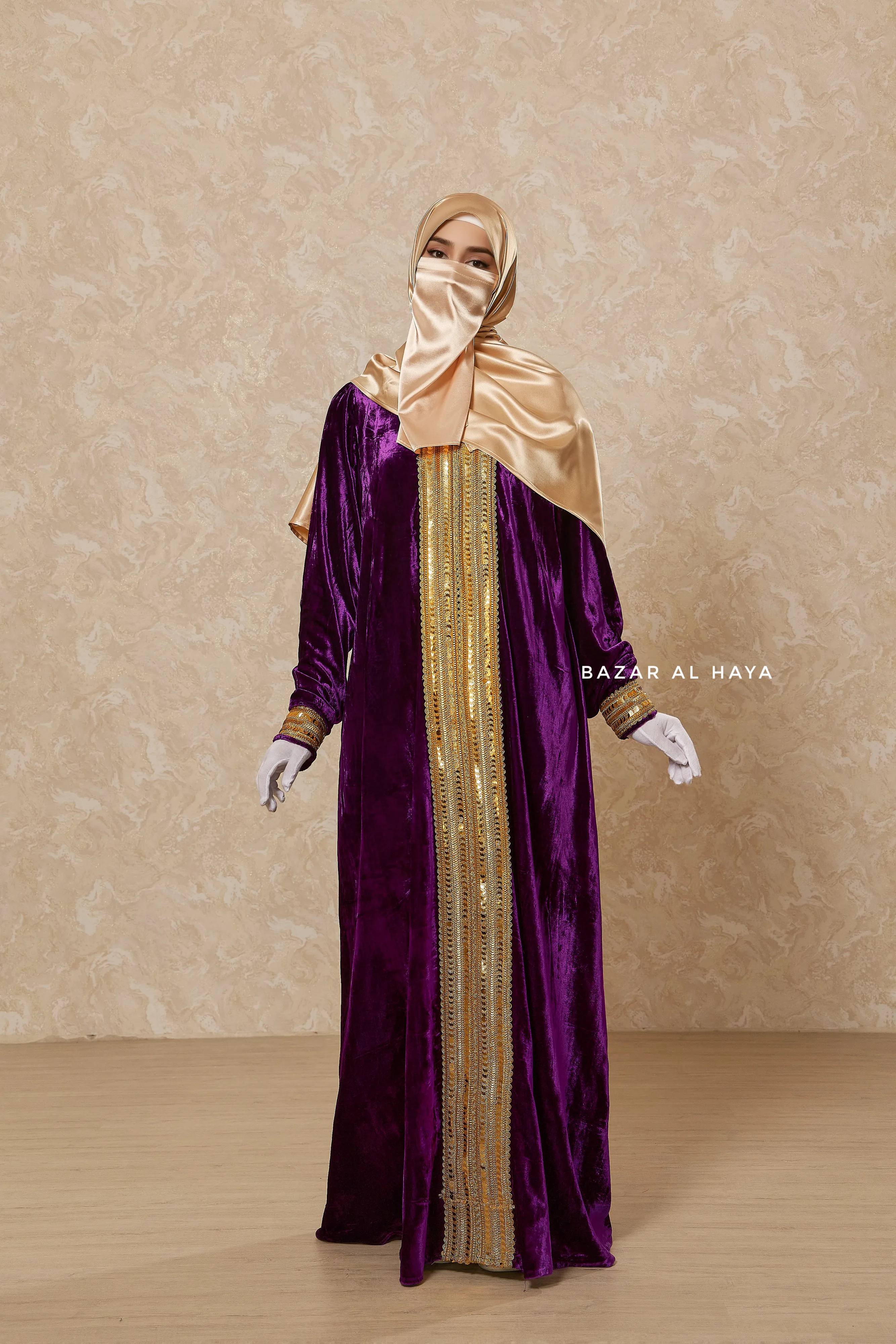 Purple Irfah Luxurious Plush Pombarch Kaftan - Abaya Dress With Belt