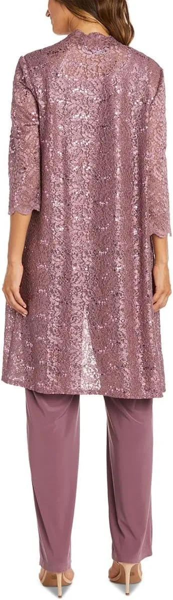 R&M Richards Womens Plus Sequined Lace Pant Suit
