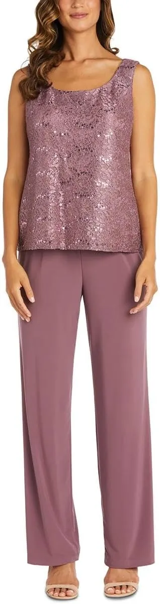R&M Richards Womens Plus Sequined Lace Pant Suit