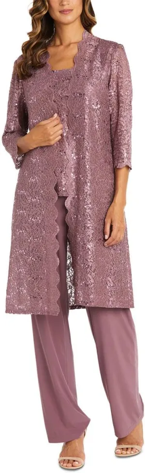 R&M Richards Womens Plus Sequined Lace Pant Suit