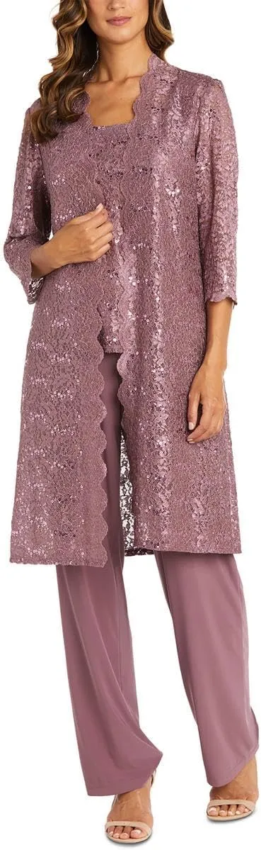 R&M Richards Womens Plus Sequined Lace Pant Suit