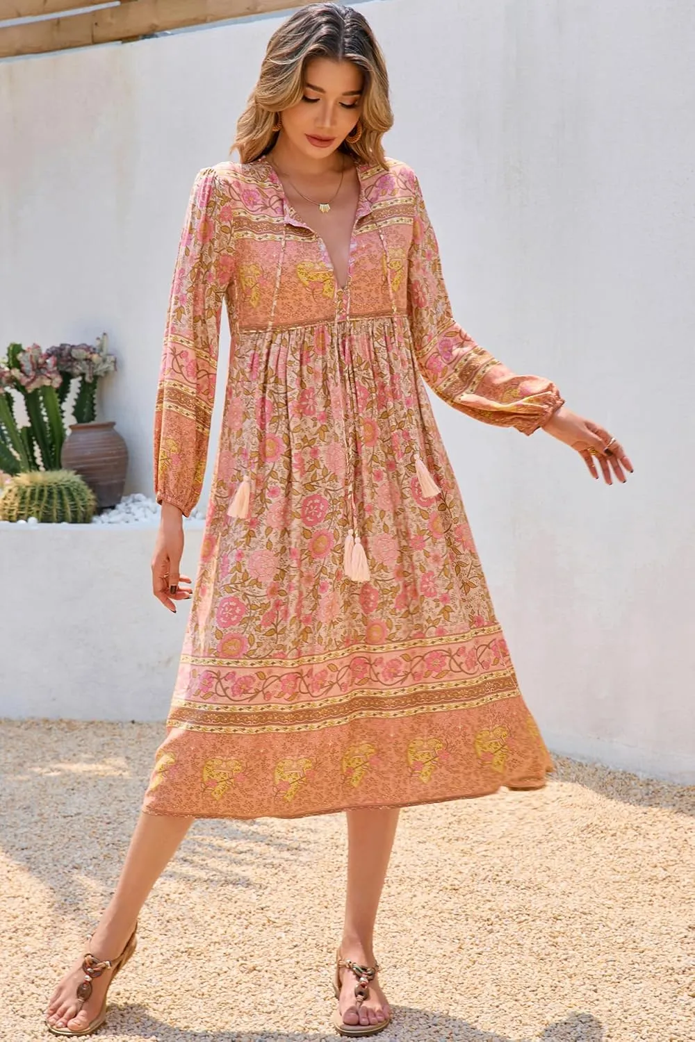 R.Vivimos Women's Long Sleeve Floral Print Retro V Neck Tassel Bohemian Midi Dresses