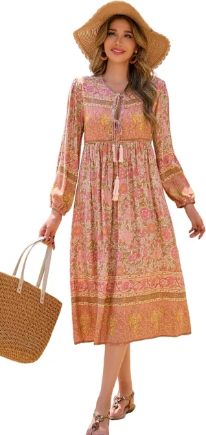 R.Vivimos Women's Long Sleeve Floral Print Retro V Neck Tassel Bohemian Midi Dresses