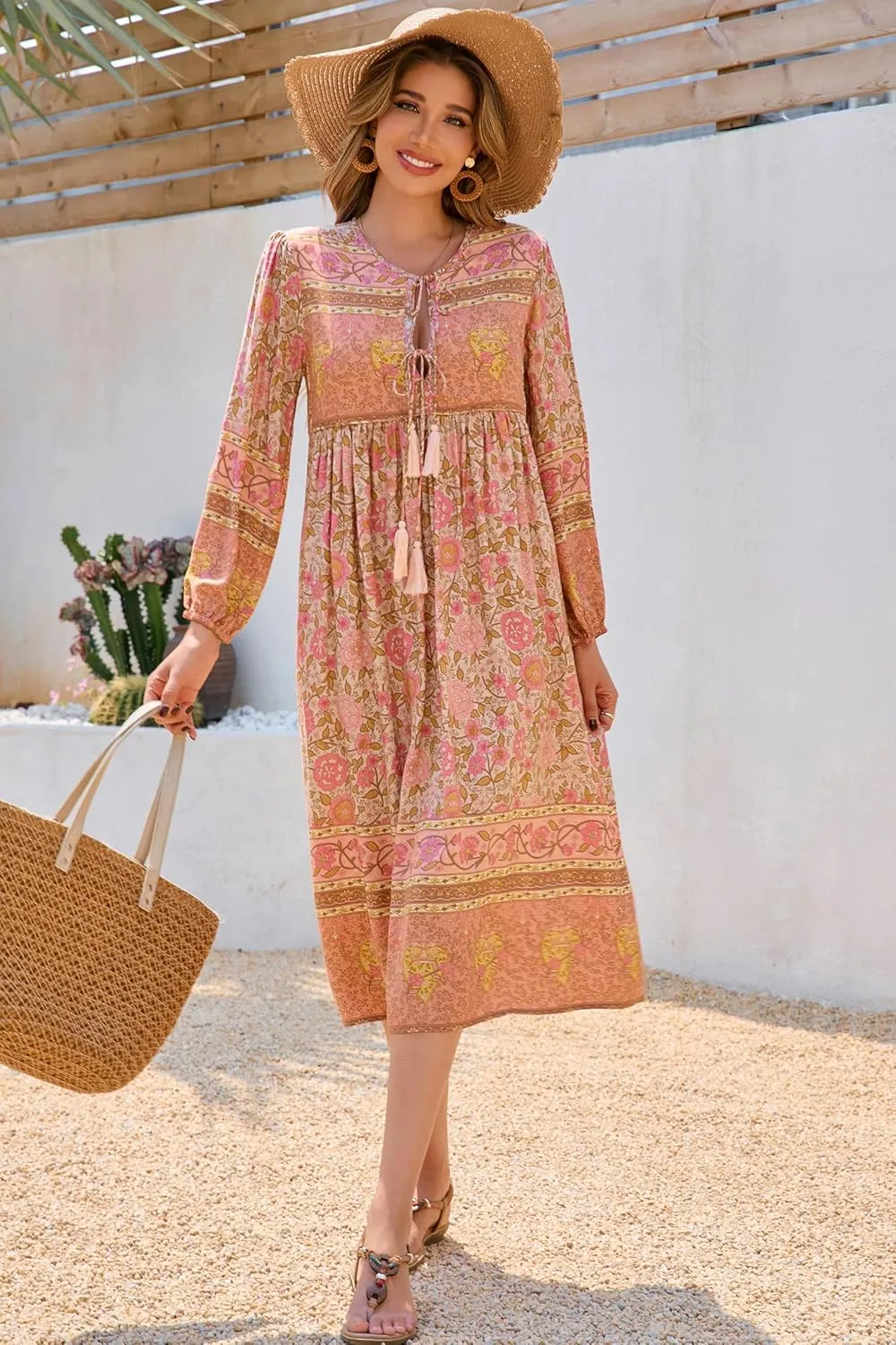 R.Vivimos Women's Long Sleeve Floral Print Retro V Neck Tassel Bohemian Midi Dresses