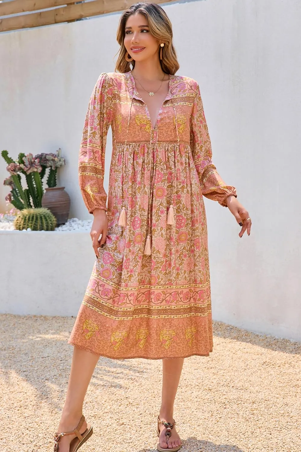 R.Vivimos Women's Long Sleeve Floral Print Retro V Neck Tassel Bohemian Midi Dresses