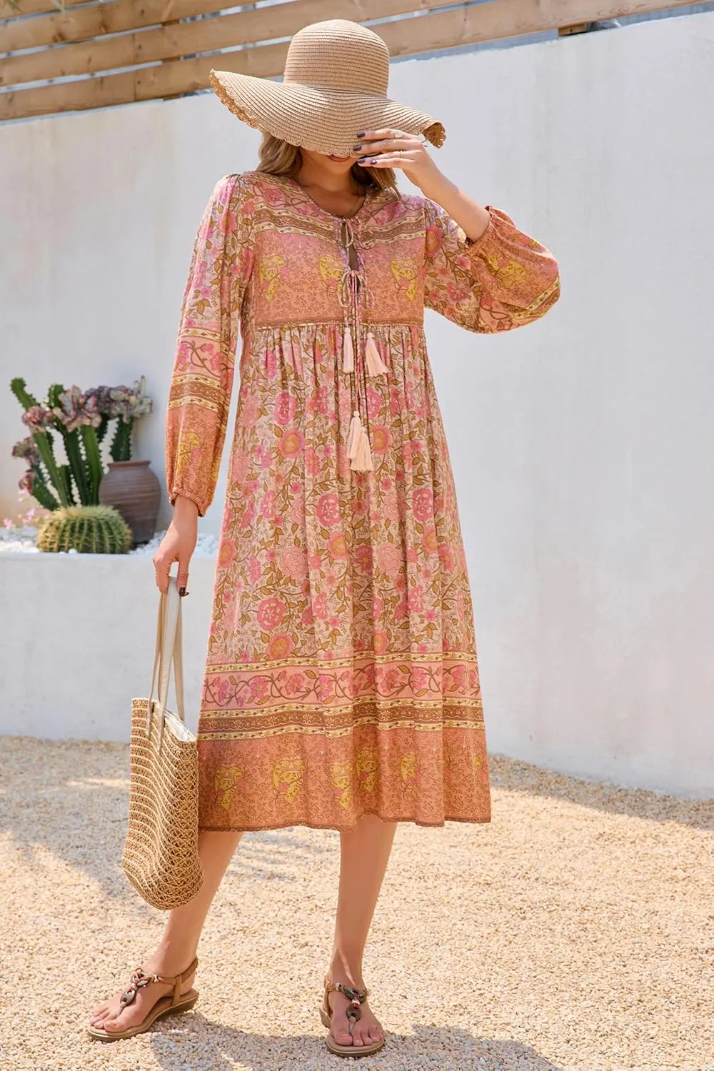 R.Vivimos Women's Long Sleeve Floral Print Retro V Neck Tassel Bohemian Midi Dresses