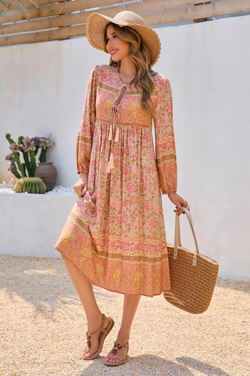 R.Vivimos Women's Long Sleeve Floral Print Retro V Neck Tassel Bohemian Midi Dresses