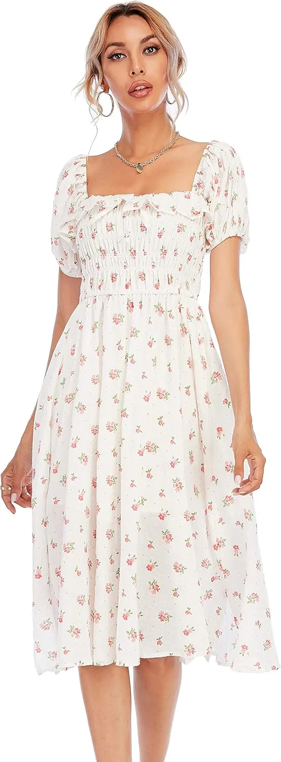 R.Vivimos Womens Summer Floral Print Puff Sleeves Vintage Ruffles Midi Dress