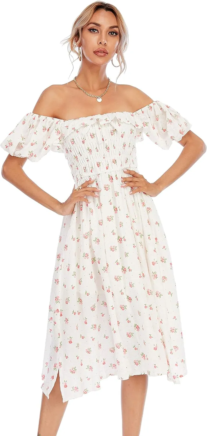 R.Vivimos Womens Summer Floral Print Puff Sleeves Vintage Ruffles Midi Dress