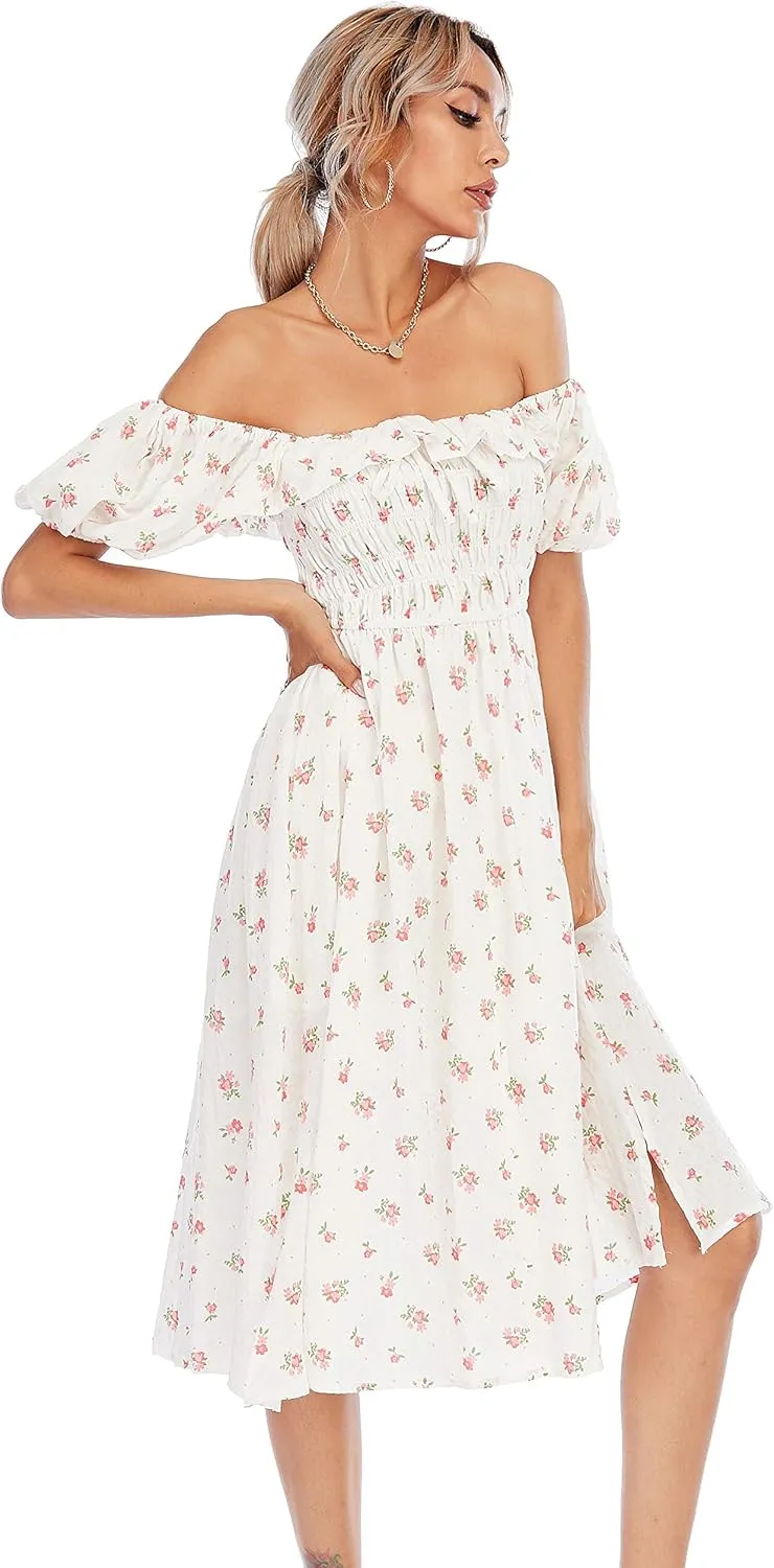R.Vivimos Womens Summer Floral Print Puff Sleeves Vintage Ruffles Midi Dress