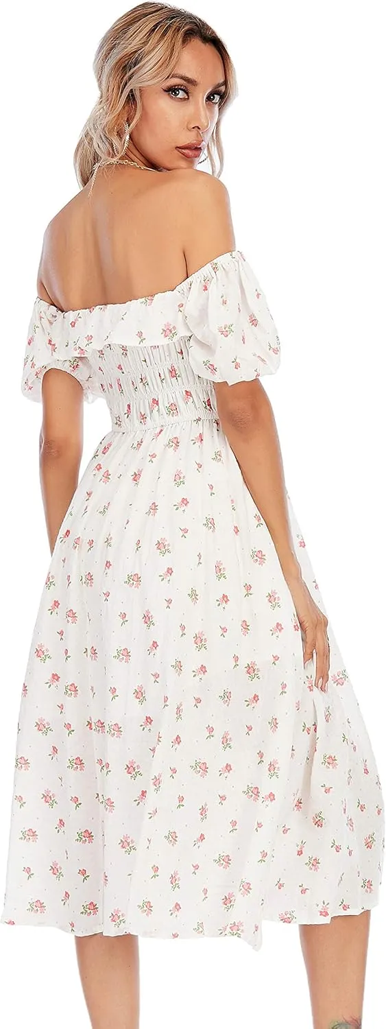 R.Vivimos Womens Summer Floral Print Puff Sleeves Vintage Ruffles Midi Dress