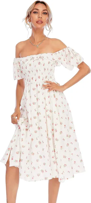 R.Vivimos Womens Summer Floral Print Puff Sleeves Vintage Ruffles Midi Dress