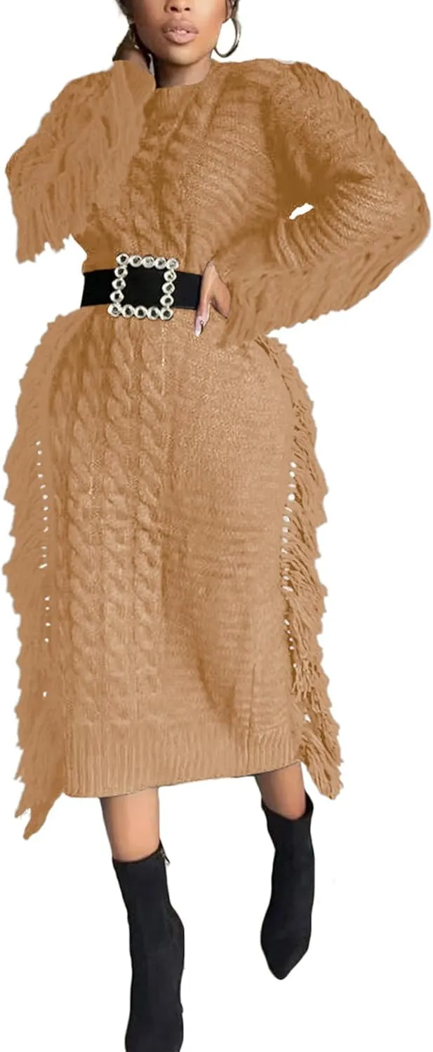 Sexyshine Women's Cable Knit Fringe Sweater Dress Long Sleeve Round Neck Tassel Trim A Line Midi Sweater Dresses
