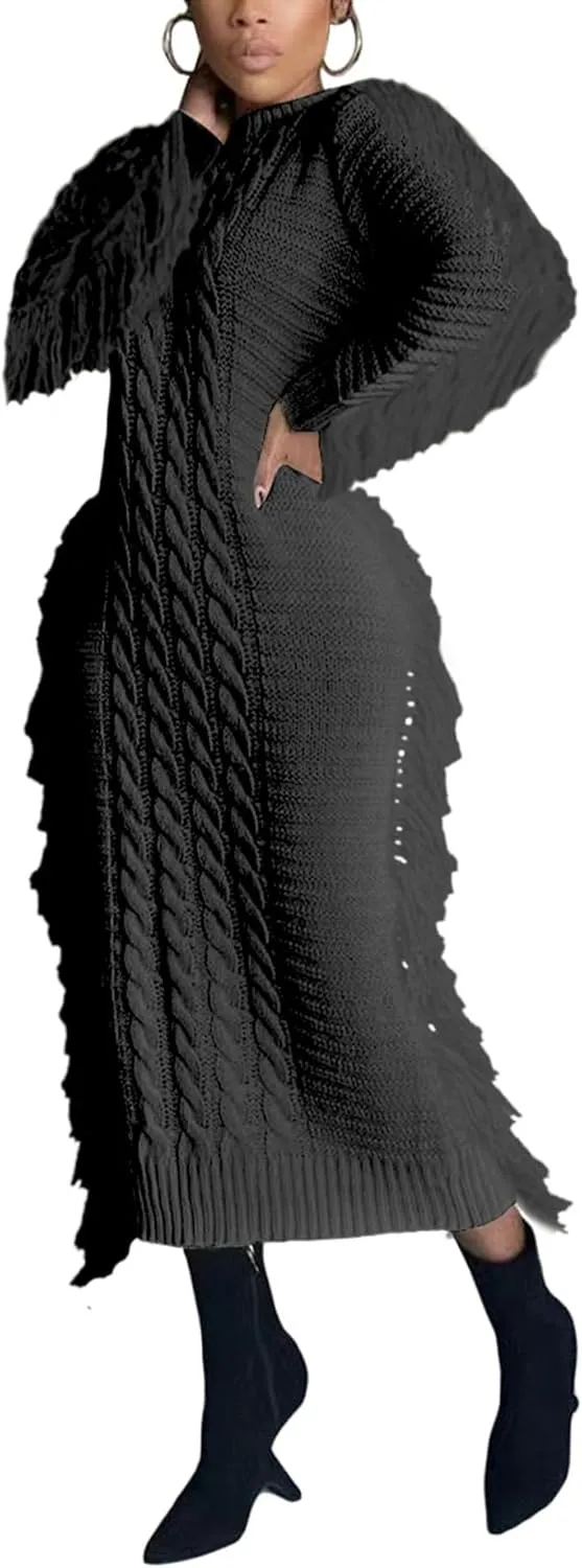 Sexyshine Women's Cable Knit Fringe Sweater Dress Long Sleeve Round Neck Tassel Trim A Line Midi Sweater Dresses
