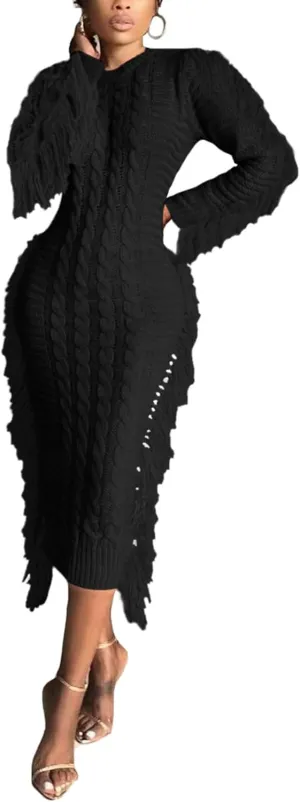 Sexyshine Women's Cable Knit Fringe Sweater Dress Long Sleeve Round Neck Tassel Trim A Line Midi Sweater Dresses
